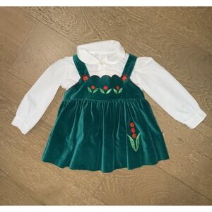Vintage Girls Green Velvet Floral Dress Set with White Shirt, Bow Embroidery